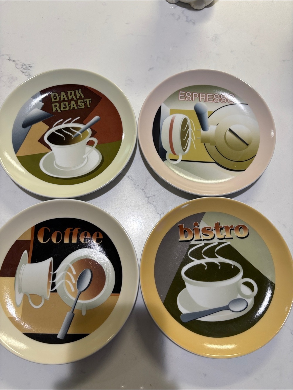 Ara Retro Coffee Bistro Ceramic Dessert Plates - Cream, Tan, Brown, Olive